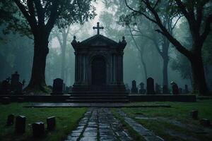 en kyrkogård med ljus belyst i de regn foto