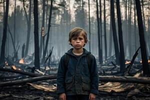 liten pojke stående i brinnande skog, naturlig katastrof begrepp foto