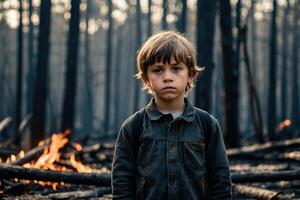 liten pojke stående i brinnande skog, naturlig katastrof begrepp foto