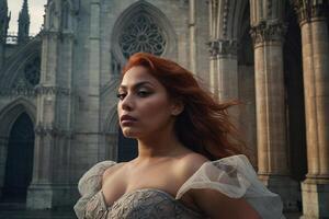 en kvinna med röd hår och en klänning i främre av en katedral foto