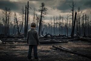 liten pojke stående i brinnande skog, naturlig katastrof begrepp foto