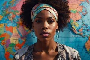 en kvinna med ett afro i främre av en värld Karta foto
