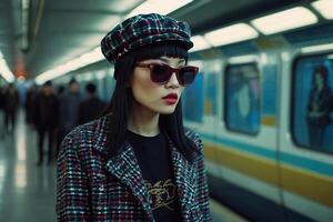 en kvinna bär solglasögon och en pläd täcka stående i främre av en tunnelbana tåg foto
