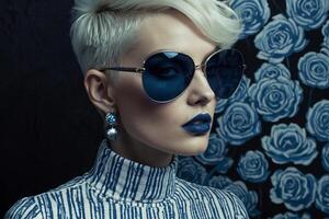 kvinna med kort hår och solglasögon i främre av en vägg med en blå och vit mönster foto