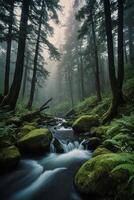 naturlig landskap med en flod och fors mot en skog bakgrund foto