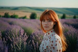 rödhårig flicka promenader genom en lavendel- fält foto