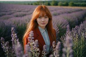 rödhårig flicka promenader genom en lavendel- fält foto