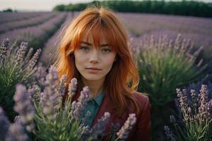 rödhårig flicka promenader genom en lavendel- fält foto