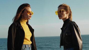 ai genererad två kvinnor bär gul solglasögon stående Nästa till de hav foto
