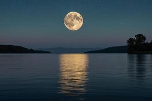 ai genererad en full måne är sett över en sjö på natt foto