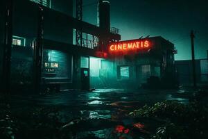 en neon tecken den där säger biografer på natt foto