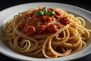 spaghetti med tomat sås och basilika foto