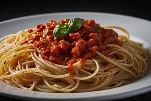 spaghetti med tomat sås och basilika foto