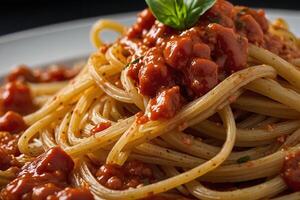 spaghetti med tomat sås och basilika foto