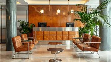 lyxig läder vardagsrum i exklusiva kommersiell lobby med tropisk växter och elegant belysning foto