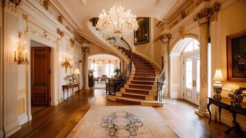 prakt och elegans magnifik marmor foyer av ett rik historisk herrgård foto