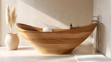 elegant trä- badkar inbäddat i lugn och minimalistisk badrum miljö för avslappning och föryngring foto
