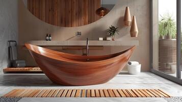 lyxig trä- badkar i lugn minimalistisk badrum med naturlig dekor accenter foto