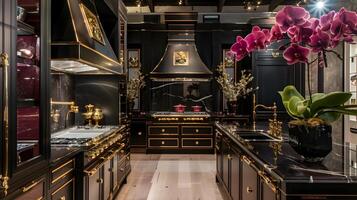 utsökt lyx kök interiör terar utsmyckad svart och guld skåp, marmor bänkskivor och vibrerande orkide blommig accenter foto