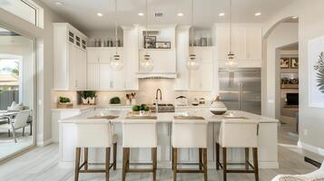 elegant och funktionell vit kök med modern apparater och bekväm dining område foto