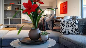 mysigt och eleganta levande rum med vibrerande blommig accenter och modern dekor foto