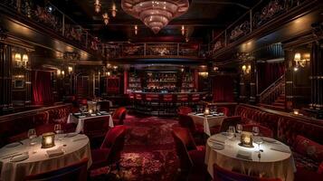elegant och rik interiör av ett exklusiv bra dining restaurang med lyxig dekor och belysning foto
