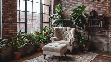 mysigt och inbjudande loftstil levande rum med grönskande växter och årgång inredning foto