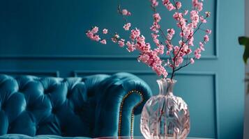 elegant blommig dekor i mysigt levande rum med tuftade soffa och blomstrande grenar i årgång glas vas foto