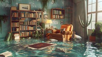 mysigt bokhylla nedsänkt i vatten, lugnt och drömlik inhemsk scen i översvämmad rum foto