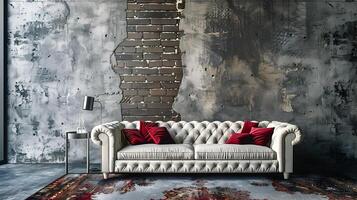 tuftade chesterfield soffa i chic industriell stil levande Plats med tegel väggar och plysch dekor foto