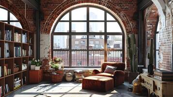mysigt och inbjudande loftstil lägenhet med rustik tegel valv och bokhyllor utsikt de stad horisont foto