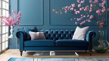 lyxig tuftade sammet soffa uppsättning i elegant blå levande rum med blommig dekor och fängslande konstverk foto