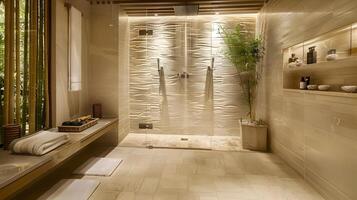 lyxig minimalistisk badrum oas med lugn naturlig element och lugnande atmosfär foto
