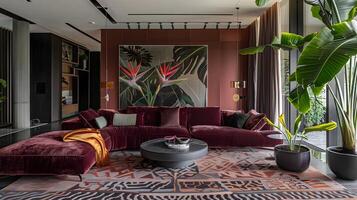 lyxig modern levande rum med tropisk accenter och vibrerande Färg palett foto