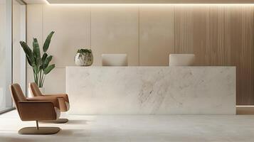 lyxig och minimalistisk kommersiell interiör design med marmor accenter och naturlig element i en rymlig lobby eller reception område foto