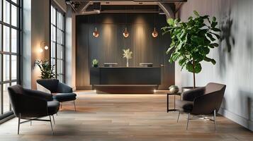 modern och minimalistisk företags- kontor interiör med trä- möbel, grönska, och elegant belysning fixturer foto