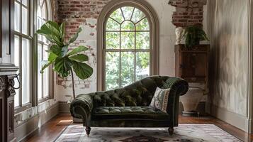 lyxig och mysigt schäs vardagsrum i charmig historisk tegel interiörer med frodig grönska foto