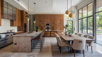 expansiv modern kök med trä- skåp och rymlig dining område för familj sammankomst och elegant underhållande foto