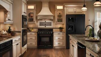 elegant och funktionell modern kök med premie apparater och marmor bänkskivor i varm, inbjudande atmosfär foto
