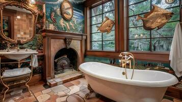 förtjusande rustik badrum reträtt nedsänkt i naturlig skog miljö med öppen spis och fristående badkar foto