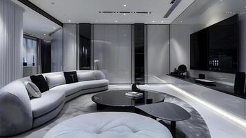 lyxig och sofistikerad samtida levande rum med minimalistisk design och premie inredning foto
