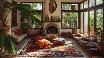 mysigt och rustik tropiskt inspirerad levande rum med boho dekor element foto