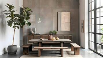 mysigt och minimalistisk trä- möbel arrangemang i en modern industriell stil levande rum med frodig grönska accenter foto
