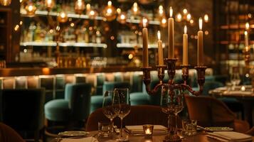 mysigt och elegant stearinljus middag miljö i exklusiva restaurang interiör foto