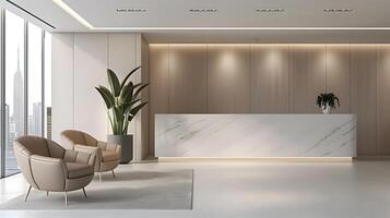 elegant och sofistikerad företags- lobby med marmor accenter och minimalistisk inredning foto