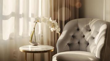 mysigt och elegant levande rum fristad med tuftade stoppade stol, orkidéer, och värma belysning foto