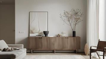 raffinerad minimalistisk levande rum med naturlig trä accenter och subtil blommig dekor foto