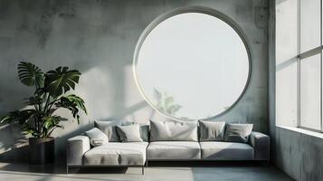raffinerad minimalistisk levande rum med frodig grönska och fängslande cirkulär spegel foto