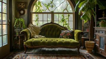 mysigt tuftade soffa inramade förbi frodig grönska i charmig rustik interiör foto