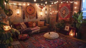 mysigt boheminspirerad levande rum med vibrerande dekor och atmosfärisk belysning foto